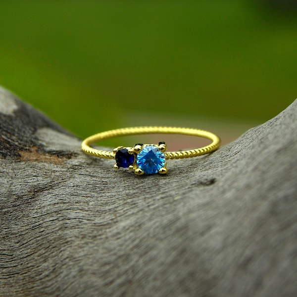 14k Gold 2 Tone Sapphire Twist Ring, Sterling Silver Anniversary Rings, Stackable Thin Ring