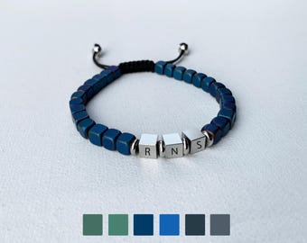 Mens Personalized Squared Hematite Bead Adjustable Bracelet- Stainless Steel- Engraved Initial Name Bracelet, BP06