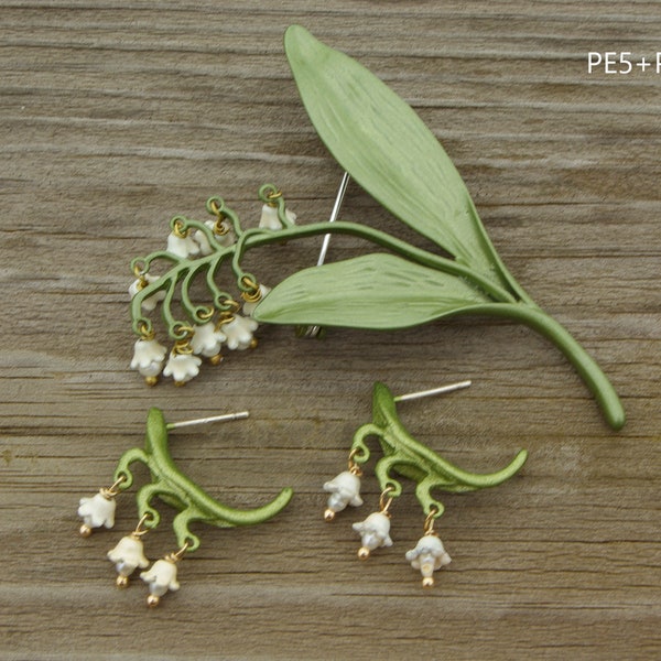 Freshwater Pearl Drop Earrings and Brooch Set, Leaf Dangle Earrings in Sterling Silver, Lily of the valley