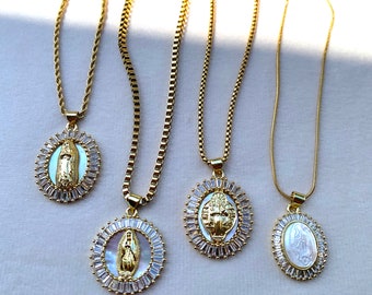 Gold Mary Pendant Necklace: Mother of Pearl Diamond Halo
