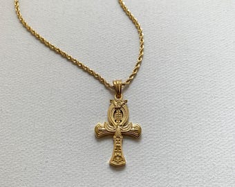 Waterproof Gold Ankh Cross Pendant Necklace, Stainless Steel Falcon Wing