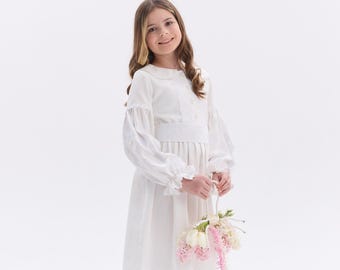 Girls Flower Girl Dress for Wedding, White Lace Dress + Apron + Belt Set, Linen-Cotton