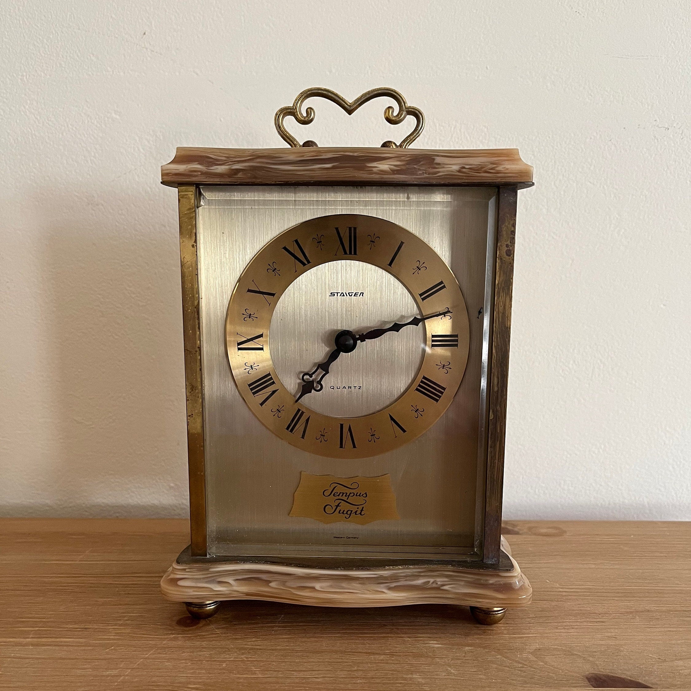 Vintage STAIGER Tempus Fugit Quartz Brass Marble Mantel Clock, Mid