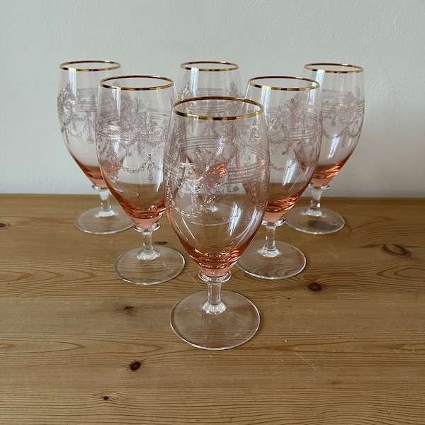 Vintage Czech Pink Wine Glasses, Needle Etched  with Overlaid Gold Gilt, In Original Box