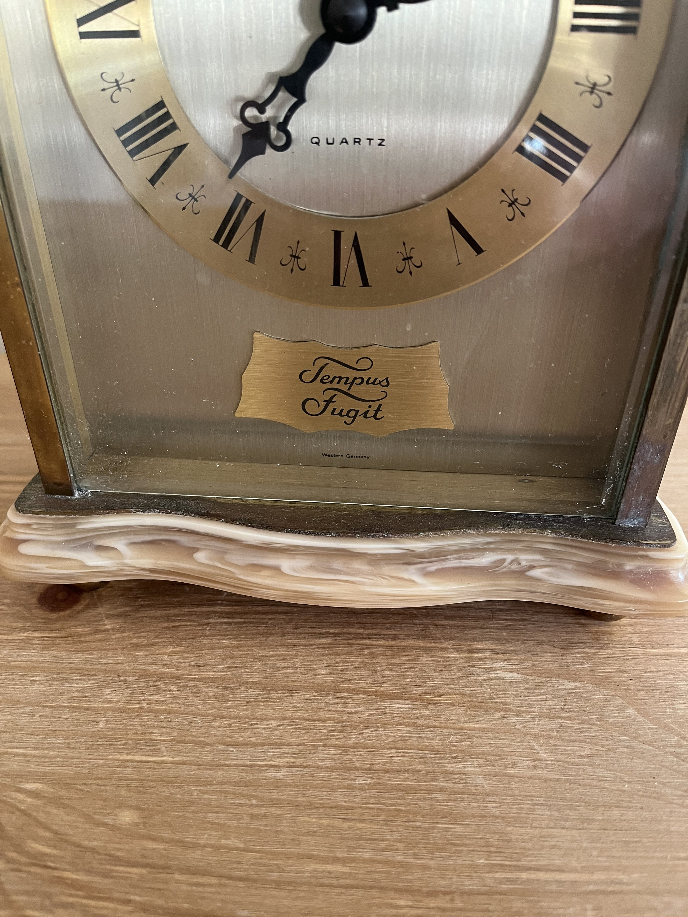 Vintage STAIGER Tempus Fugit Quartz Brass Marble Mantel Clock, Mid