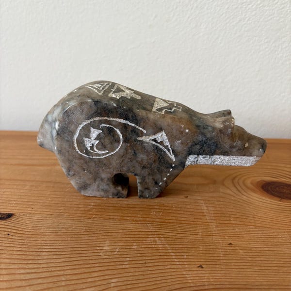 Vintage Carved Alabaster Bear Figurine with Etched Native American Design, Signed by Richard Silver
