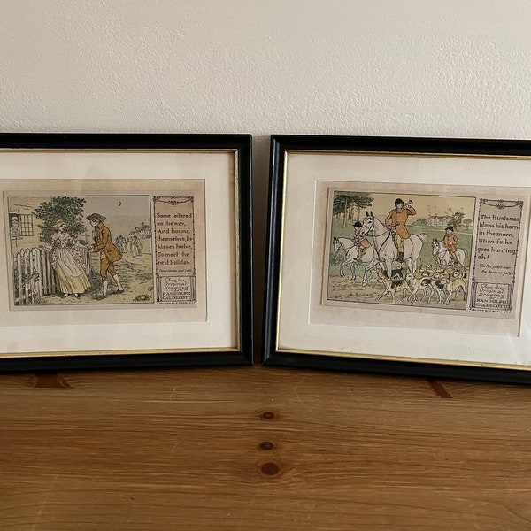 Vintage Randolph Caldecott Framed Postcards, Frederick Warne, Great Britain , Come Lasses and Lads, The Fox Jumps over the Parsons Gate.