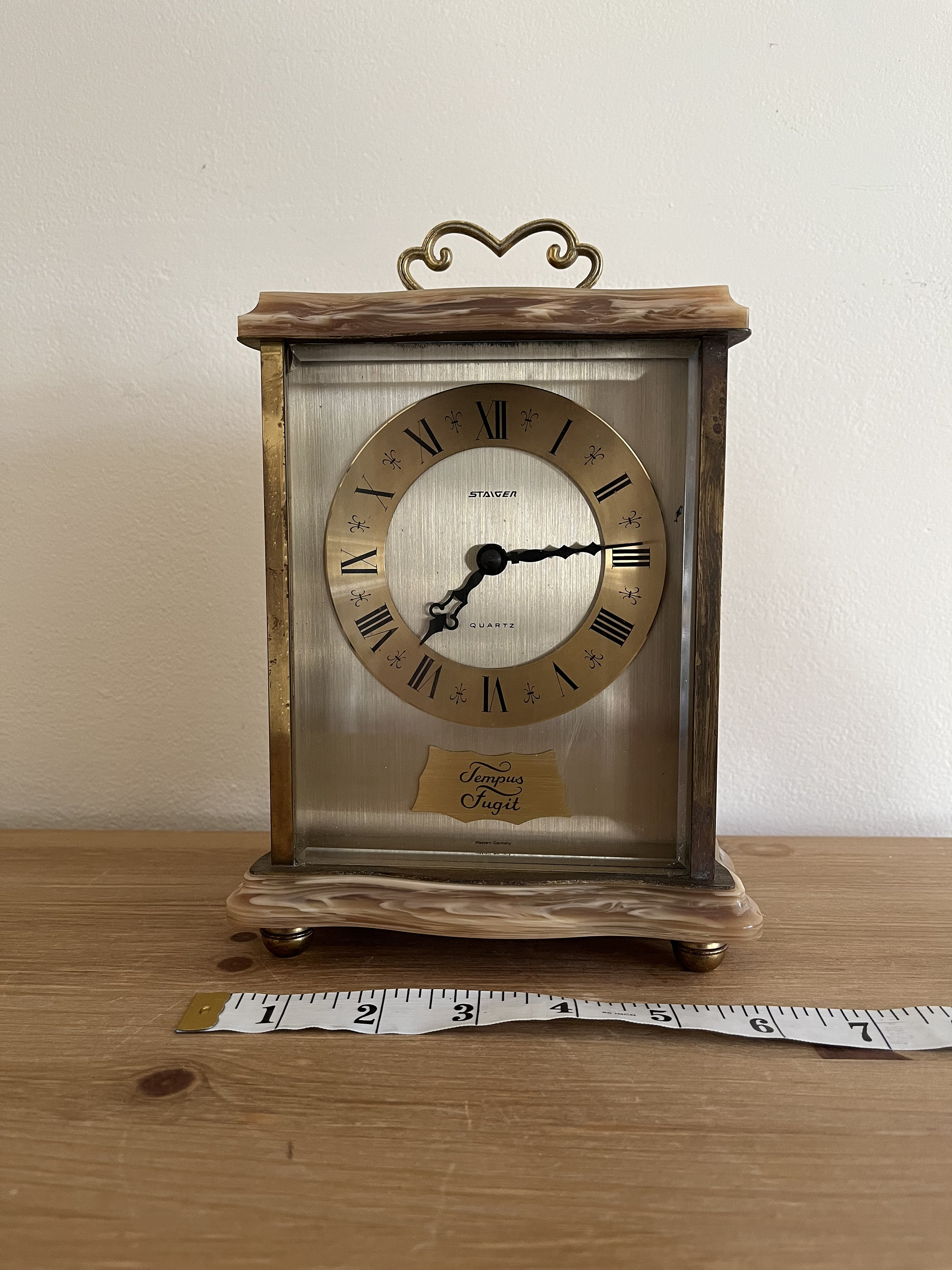 Vintage STAIGER Tempus Fugit Quartz Brass Marble Mantel Clock, Mid