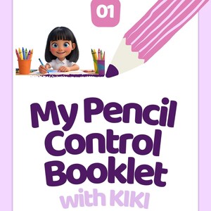 Könnte beinhalten: Ein helllila Umschlag für ein Schulaktivitätsheft mit dem Titel "My Pencil Control Booklet with KIKI". Das Cover zeigt ein Cartoon-Mädchen, Bleistifte und eine große rosa Bleistiftgrafik. Der Text "Schulaktivitäten" und Felder für Name, Nachname und Klasse sind ebenfalls vorhanden.