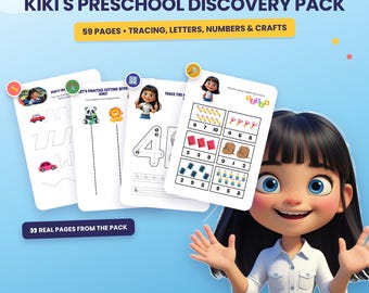 Hojas de trabajo preescolares imprimibles en PDF, paquete de actividades de Kiki para trazar letras y números, libro de actividades preescolares para educación en casa, descarga instantánea para edades de 3 a 6 años.