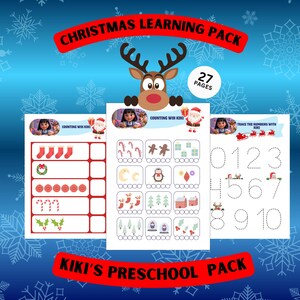 Könnte beinhalten: Ein weihnachtliches Vorschul-Lernpaket mit dem Text "Christmas Learning Pack" und "Kiki's Preschool Pack". Das Paket enthält Seiten zum Zählen, Nachzeichnen von Zahlen und andere pädagogische Aktivitäten. Das Bild hat einen blauen Hintergrund mit Schneeflocken.