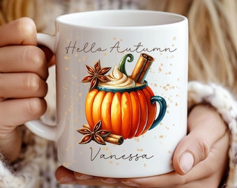 Custom Name Fall Autumn Pumpkin Coffee Mug, Cozy Autumn Vibes, Halloween Gift, Coffee Lover's Mug, Seasonal Decor, Pumpkin Spice Lover