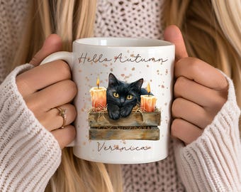 Custom Cat Fall Mug, Cozy Autumn Ceramic Mug, Fall Decor, Pumpkin Spice Lover Gift, Coffee Mug, Harvest Season, Thanksgiving black cat mug