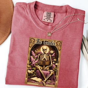 Comfort Colors® The Reader Tarot Card Shirt, Skeleton Reading Shirt, Unisex Tarot Card Shirt, Book Lover Gift, Bookish Gift,Tarot Lover Gift