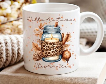 Custom Name Pumpkin Fall Autumn Cozy mug, Fall Pumpkin Spice Lover's Gift, Seasonal Coffee Cup Thanksgiving, Autumn leaves falling