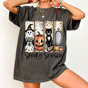 Halloween Black Cat & Ghost Comfort Colors Shirt, Halloween Ghost Tshirt, Spooky Season Cat Tee, Halloween Cute Women Outfit, Halloween Gift