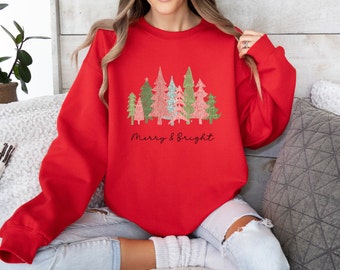 Sudadera con estampado de árboles de Navidad, camiseta navideña alegre y brillante.