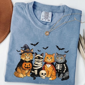 Halloween Black Cat & Ghost Comfort Colors Shirt, Halloween Ghost Tshirt, Spooky Season Cat Tee, Halloween Cute Women Outfit, Halloween Gift