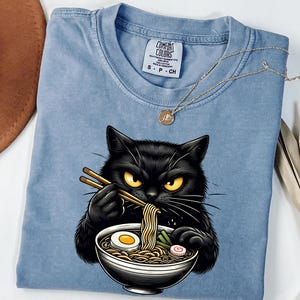Noodle Cat Shirt, Ramen Cat T-Shirt, Foodie Lover Shirts, Black Cat Noodle T-Shirts, Retro Cat Tees, Cat Lover Sweatshirts, Black Cat Tee