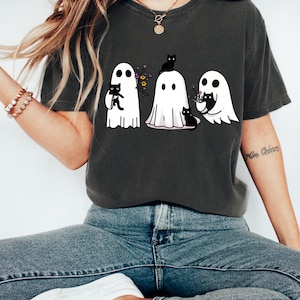 Halloween Black Cat & Ghost Comfort Colors Shirt, Halloween Ghost Tshirt, Spooky Season Cat Tee, Halloween Cute Women Outfit, Halloween Gift