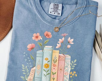 Comfort Colors Bookworm Shirt, Floral Books, Reading Tee