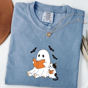 Halloween Black Cat & Ghost Comfort Colors Shirt, Halloween Ghost Tshirt, Spooky Season Cat Tee, Halloween Cute Women Outfit, Halloween Gift