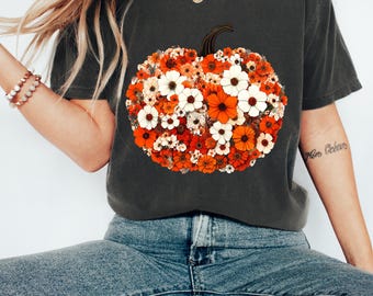 Maglietta con stampa floreale di zucca, maglietta autunnale, maglietta Comfort Colors® con stampa della stagione delle zucche, maglietta autunnale, maglietta del Ringraziamento, maglietta autunnale con stampa di zucca