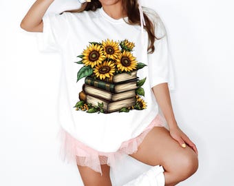 Camiseta com estampa de livro de girassol, camiseta floral, camiseta com estampa de flor, camiseta de jardim, camiseta feminina de outono, camiseta de girassol, camisetas de girassol, camiseta para amantes de livros