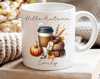 Custom Name Pumpkin Fall Autumn Cozy mug, Fall Pumpkin Spice Lover's Gift, Seasonal Coffee Cup Thanksgiving, Autumn leaves falling