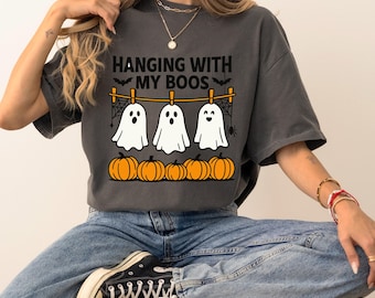 Halloween Ghost T-Shirt, Comfort Colors® Fall Ghost Shirt, Autumn Cozy T-shirt, Fall Vibes Shirt, retro ghost shirt, cute ghost tshirt