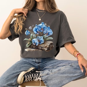 Botanical Blue Orchid T-Shirt, Floral Tee for Nature Lovers Orchid Lover T-Shirt, Gift for Orchid lovers, Orchid Shirt for women