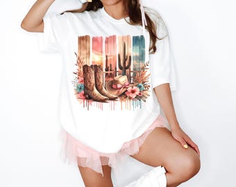 Cowgirl-skjorta med stövlar, countrykonsert-t-shirt, western-t-shirt med mönster för kvinnor, överdimensionerad grafisk t-shirt, söta countryskjortor, cowgirl-skjorta, western