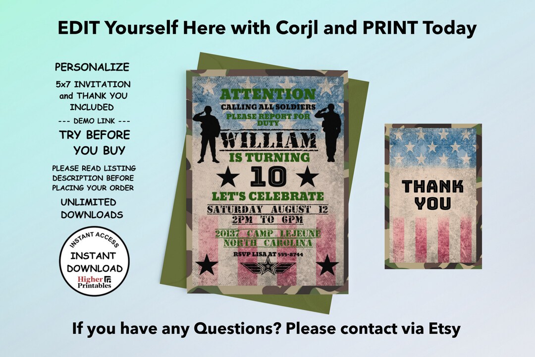 Birthday Invitation USA Military and Thank You Easy Template PDF JPEG