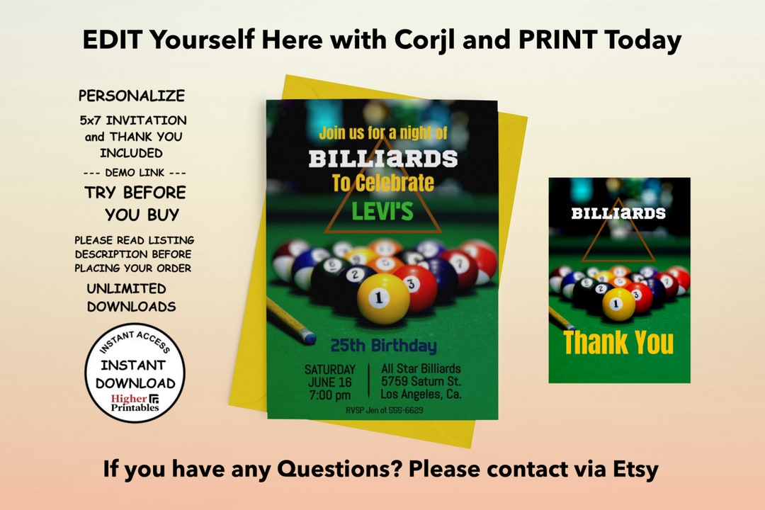 Birthday Invitation Billiards Pool Party With Thank You Easy to Edit