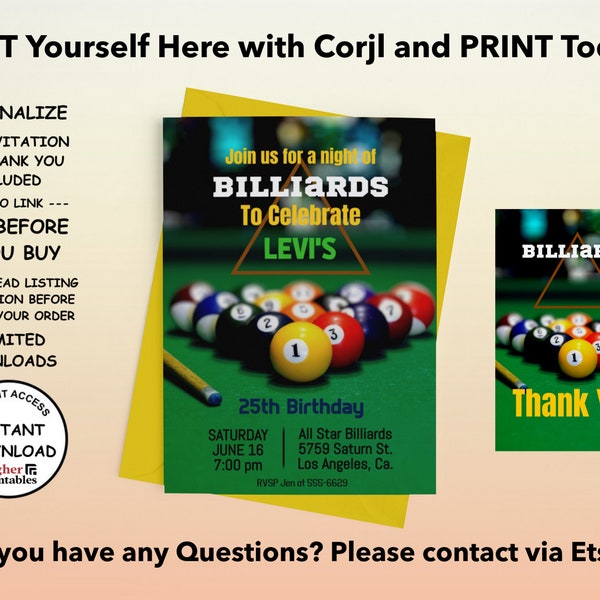 Birthday Invitation Billiards Pool Party with Thank You | Easy to Edit Template | PDF | JPEG | 5x7- Higher Printables