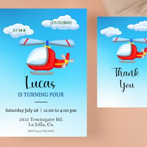 May include: Two invitation cards with a blue sky background and a cartoon helicopter. The main invitation says "Lucas is turning four" with event details. The second card says "Thank You".
