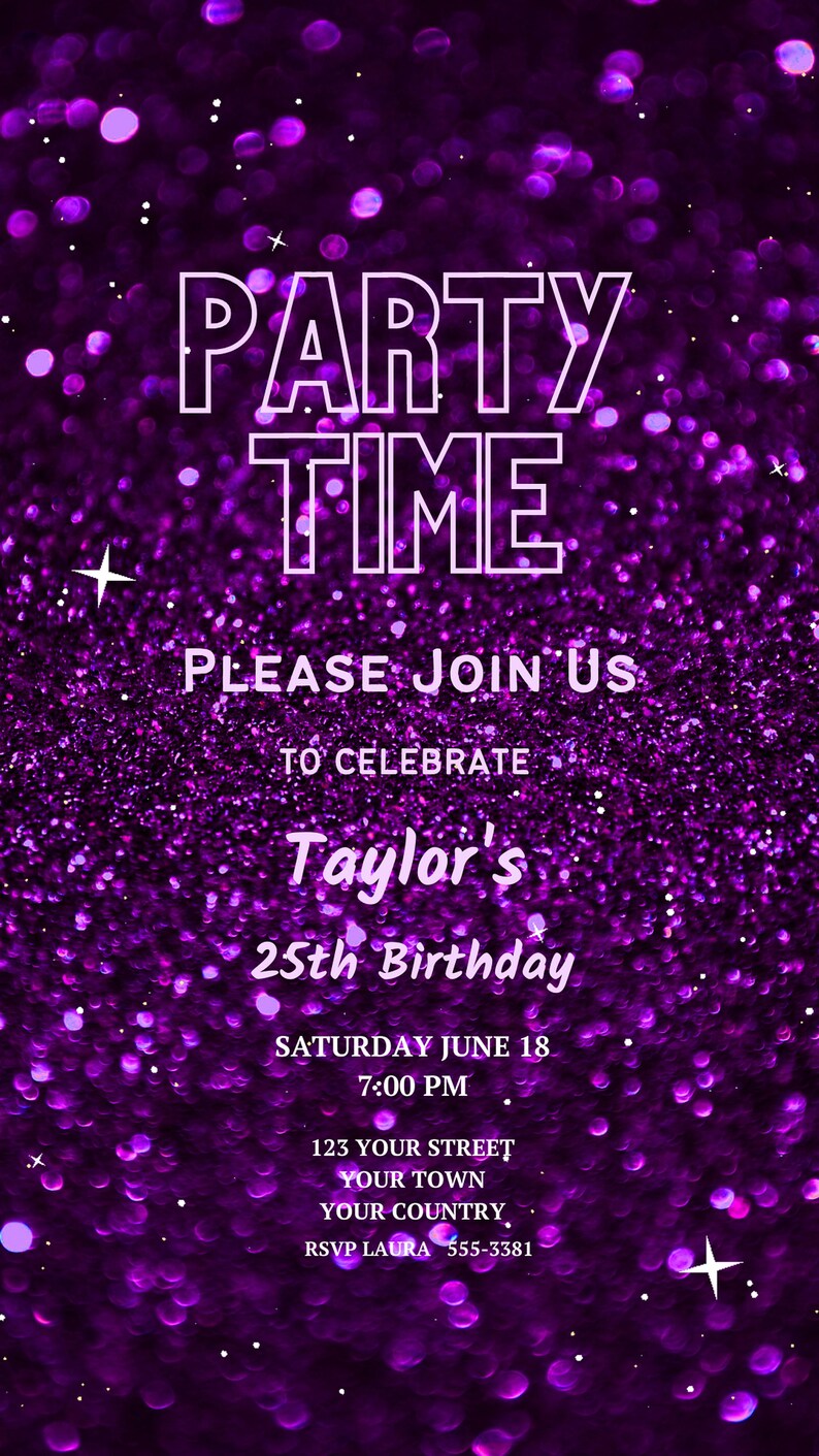 Digital Video Invitation Birthday Party Invitation Let's Party Purple
