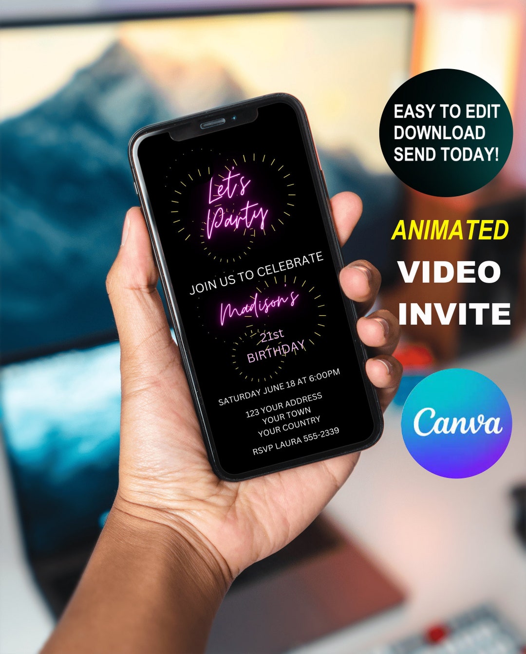 Electronic Video Invitation Let's Party Email Easy to Edit Digital
