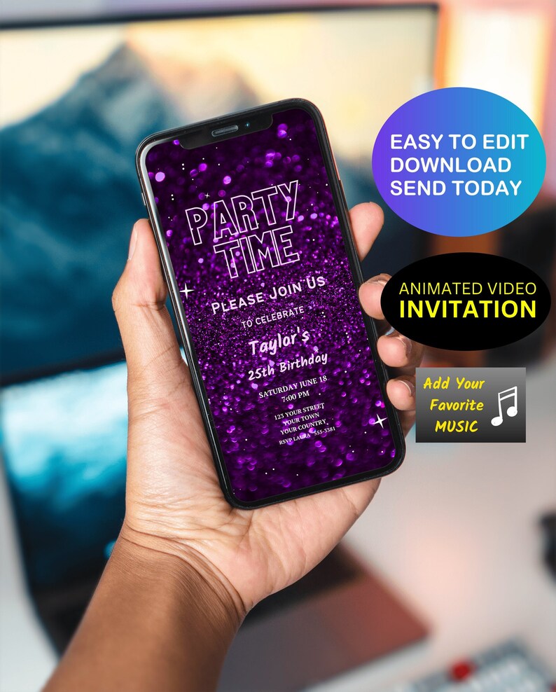 Digital Video Invitation Birthday Party Invitation Let's Party Purple