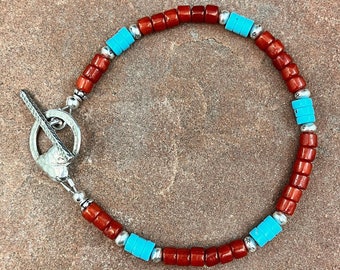 red coral, turquoise & Hill Tribe sterling silver bracelet, 7 1/2 inches