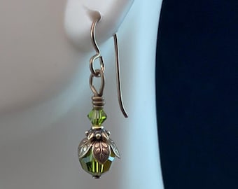 olive green crystal & antique brass drop earrings, Swarovski crystal