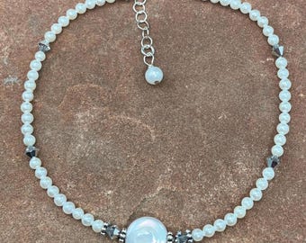White Shell Pearl, Freshwater Pearl & Crystal Anklet, Sterling Silver, 9 inches
