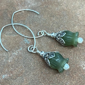 sterling silver & green natural jade carved Lily of the Valley flower earrings, 2 inches
