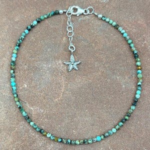 dainty beaded turquoise and silver anklet, 9 inches with extension chain
