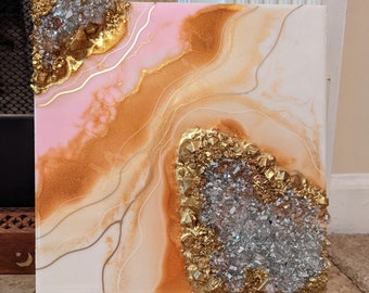 Handmade Pink and Gold Resin Geode Art: 3D Crystal Wall Decor