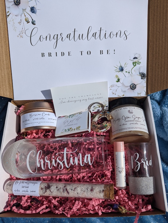 Personalized Bridal Gift Box: Handmade Spa Set, Champagne Glass & Keychain