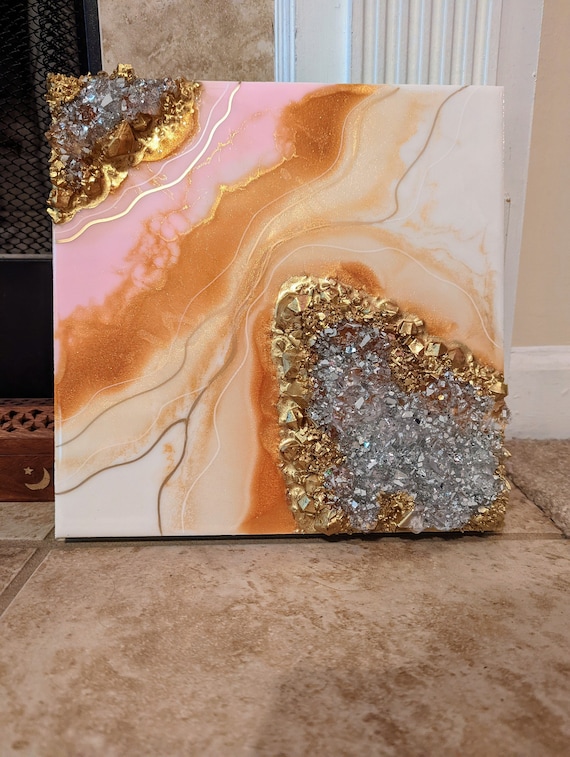 Handmade Pink and Gold Resin Geode Art: 3D Crystal Wall Decor