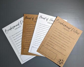 Bridesmaid & Maid of Honor Duties Checklist Cards