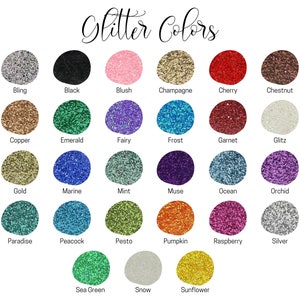 May include: A chart of 24 different glitter colors, each color is represented by a circle with the color name written below it.