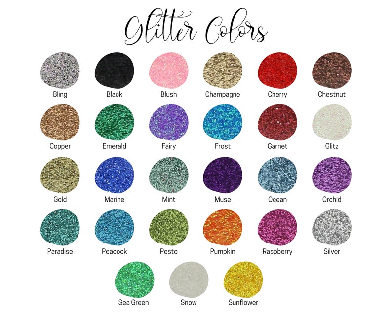 May include: A chart of 24 different glitter colors, each color is represented by a circle with the color name written below it.